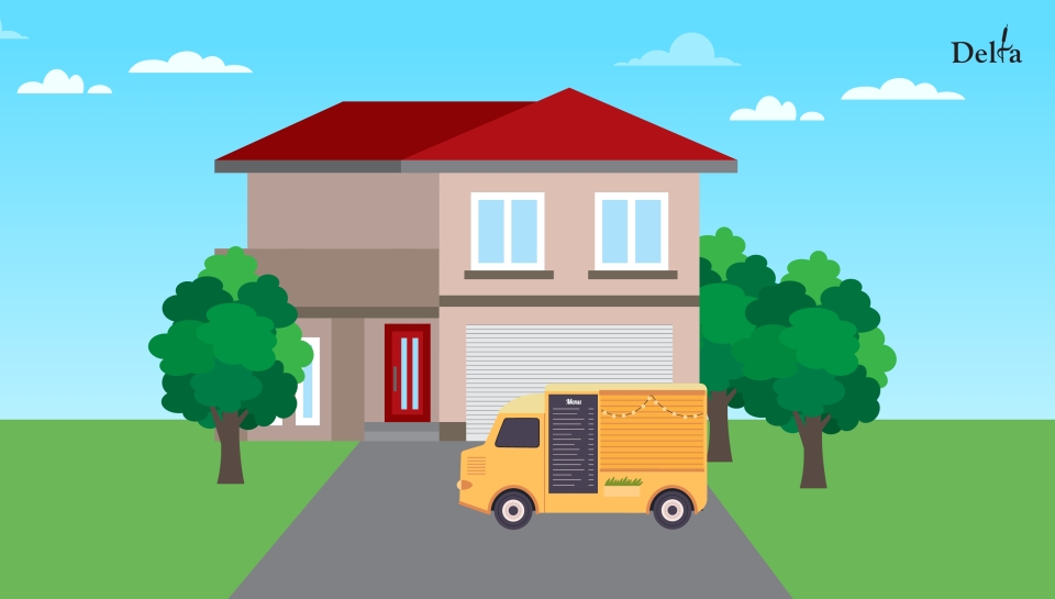 Graphic with house and food truck in driveway