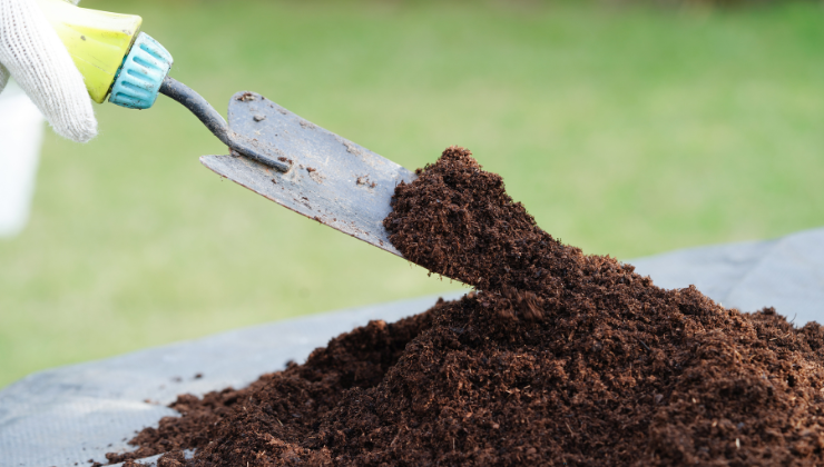 A shovel in a pile of compost.