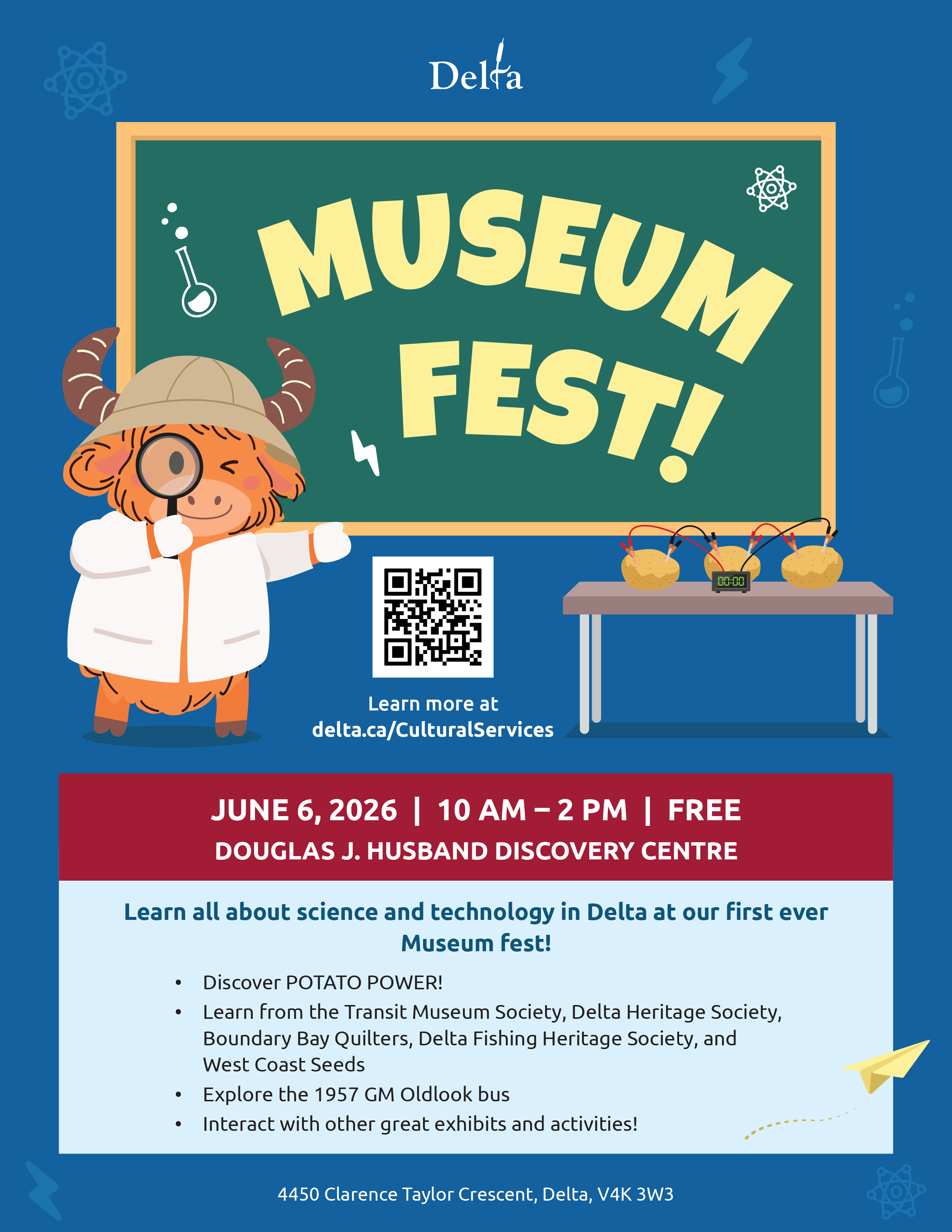 The poster includes the museum yak with a magnifying glass and a series of potatoes hooked up to a battery.