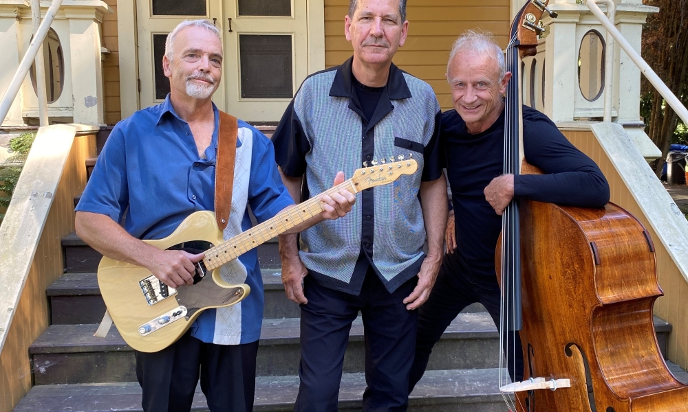The BluesHawkes trio stands outside, accompanied by an electric guitar and stand-up bass.