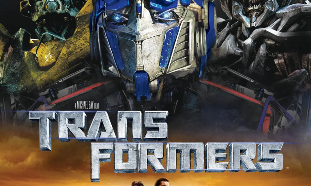 The faces of Optimus Prime, Bumblebee, and Megatron overlook New York City.