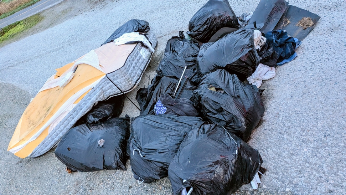 garbage bags and mattress at an illegal dumping site
