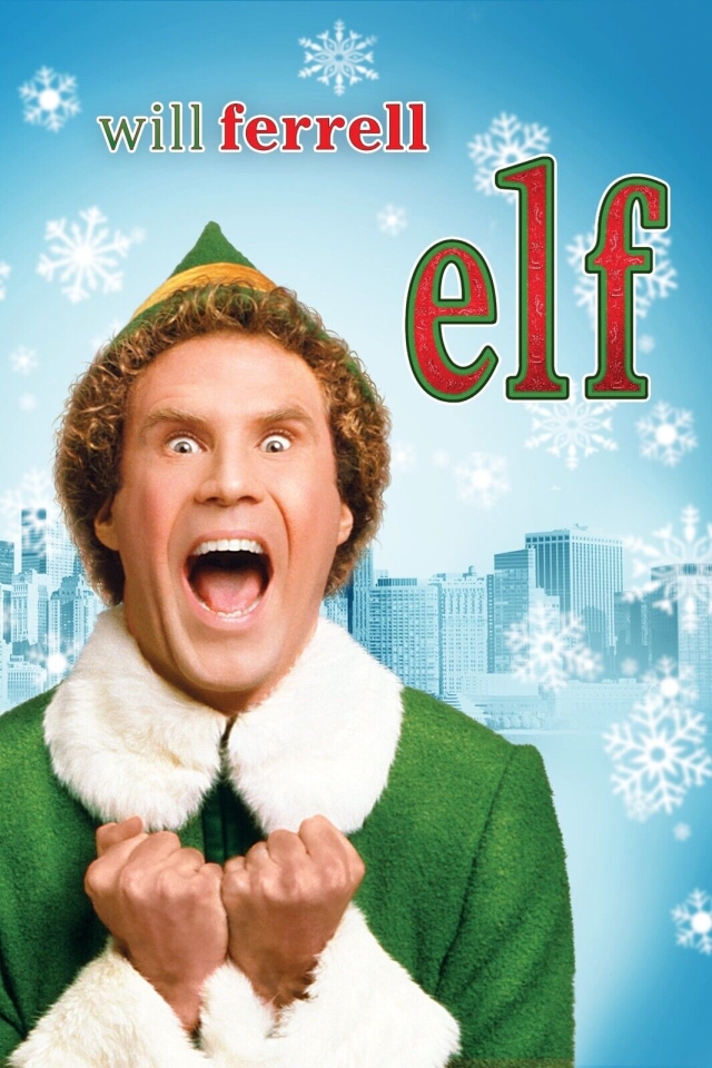 Will Ferrell in his green and white elf costume against a blue and white snowy background, with the words ELF in a red font with green outline.