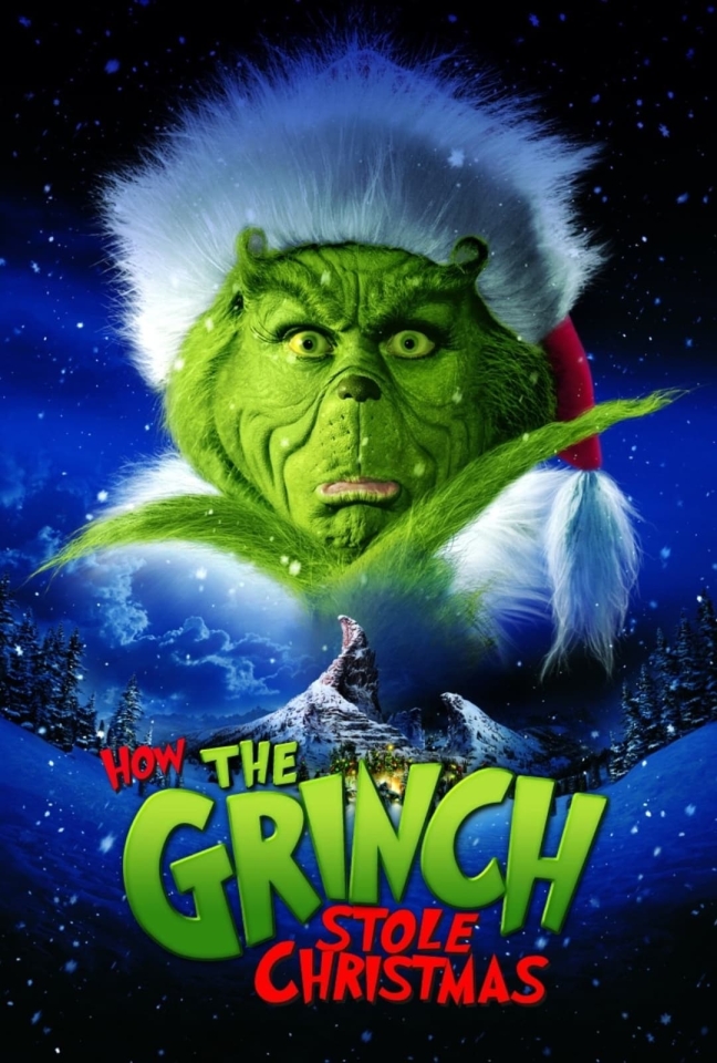 Movie poster for the live action How The Grinch Stole Christmas movie, featuring Jim Carrey in the titular green grinch make up and Santa hat, superimposed over Who-ville.