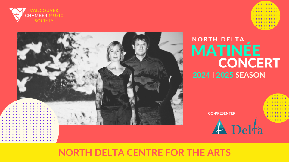 A black and white photo of Ariel Barns and Heidi Krutzen against the Delta Matinee Concert series banner.