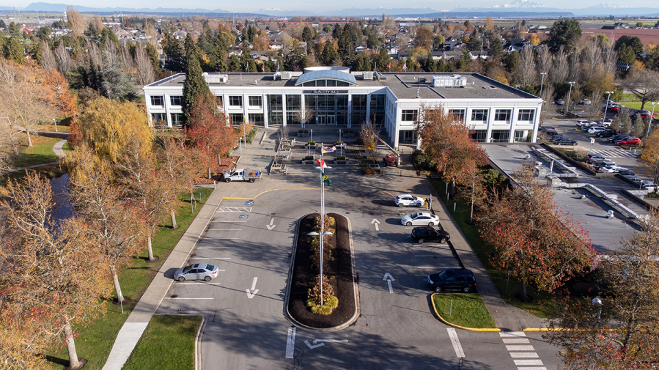 Aerial photo of Delta City Hall in late fall for the Thanksgiving Hours of Operation.