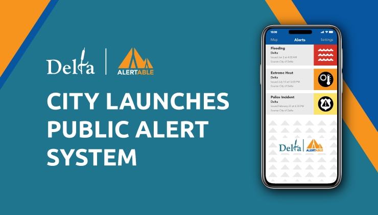 Mock up of phone, Delta logo, Alertable logo, "City Launches Public Alert System"