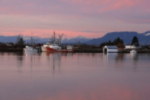 harbour with mountains in the background with a pink pastel sunset sky