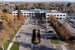 Aerial photo of Delta City Hall in late fall for the Thanksgiving Hours of Operation.