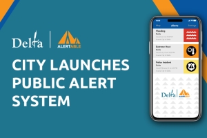 Mock up of phone, Delta logo, Alertable logo, "City Launches Public Alert System"