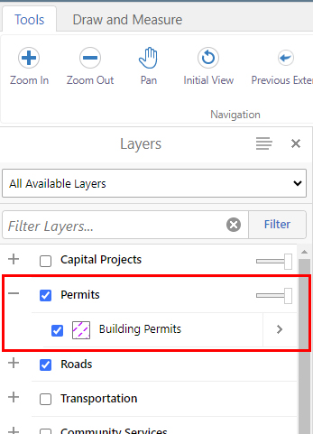 Screenshot showing how to select the Building Permits layer on DeltaMap.
