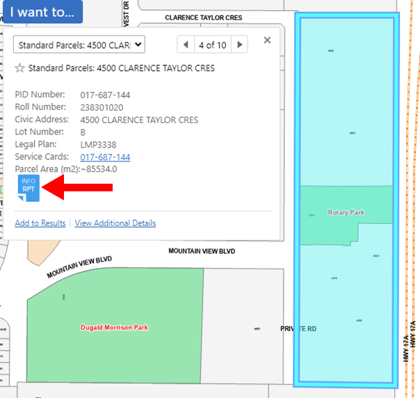 Screenshot showing how to access the information report for a property on DeltaMap.