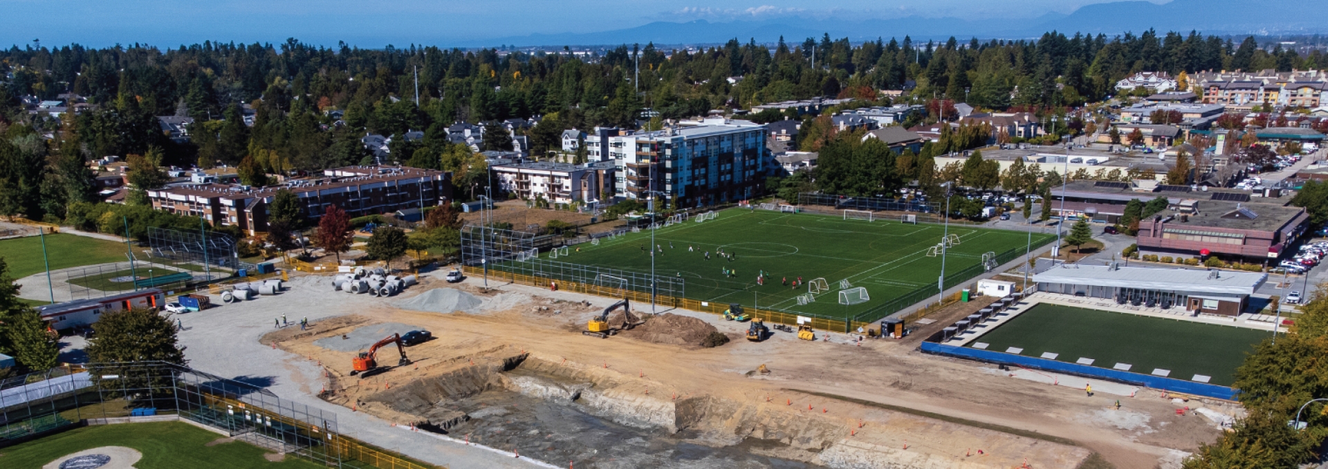 Drone photo overlooking the construction site for the Winskill Renewal Project in Tsawwassen.